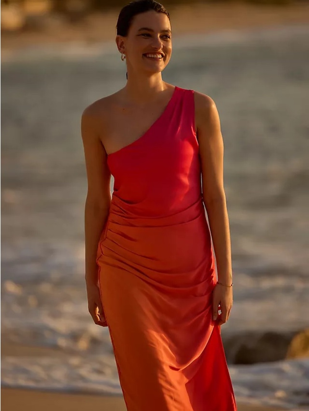 Beach Riot x Anthropologie One-Shoulder Ombre Orange and Pink Draped Satin Dress